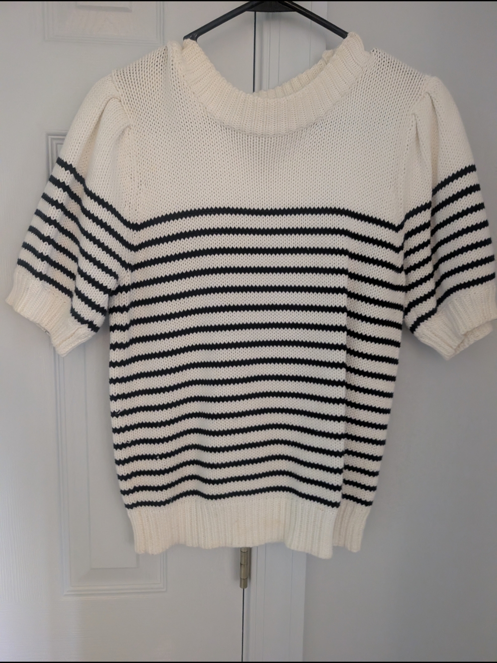English Factory Cream and Black Striped Short Sleeve Knit Sweater